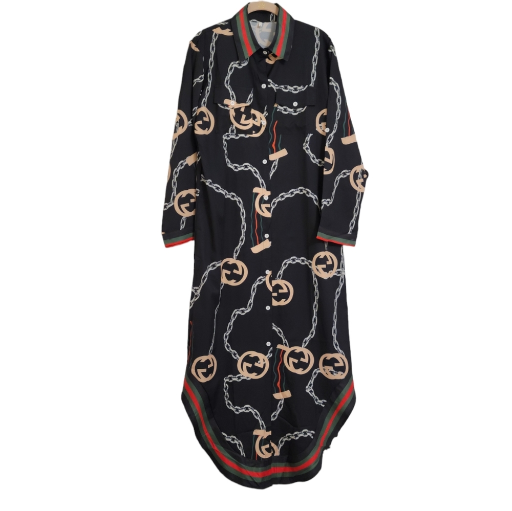 Black Chain-Print Long Shirt Dress